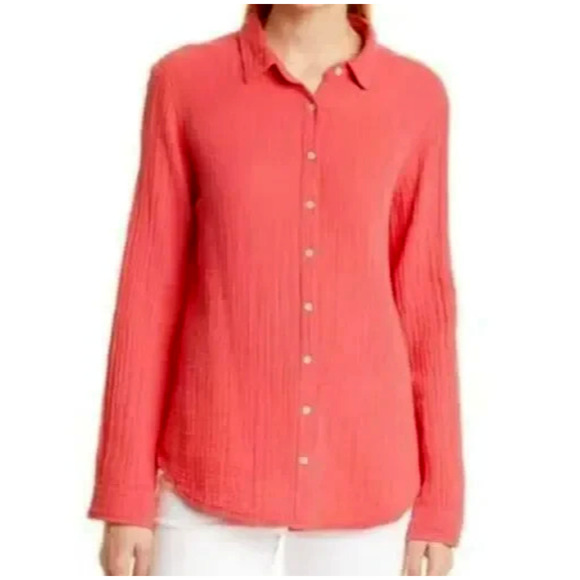 Chico's Crinkle Button Front Shirt Size Large / 2 Coral Roll Tab Sleeve Pockets - Picture 1 of 8